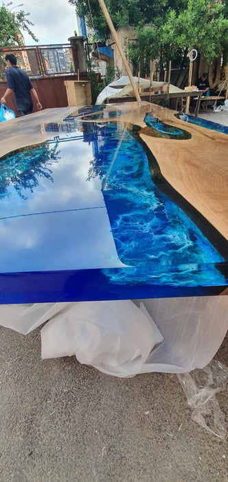 Walnut Dining Table, Custom 96” x 42” Walnut Ocean Blue, Turquoise White Waves Table, Epoxy River Dining Table, Custom Order for Courtney J