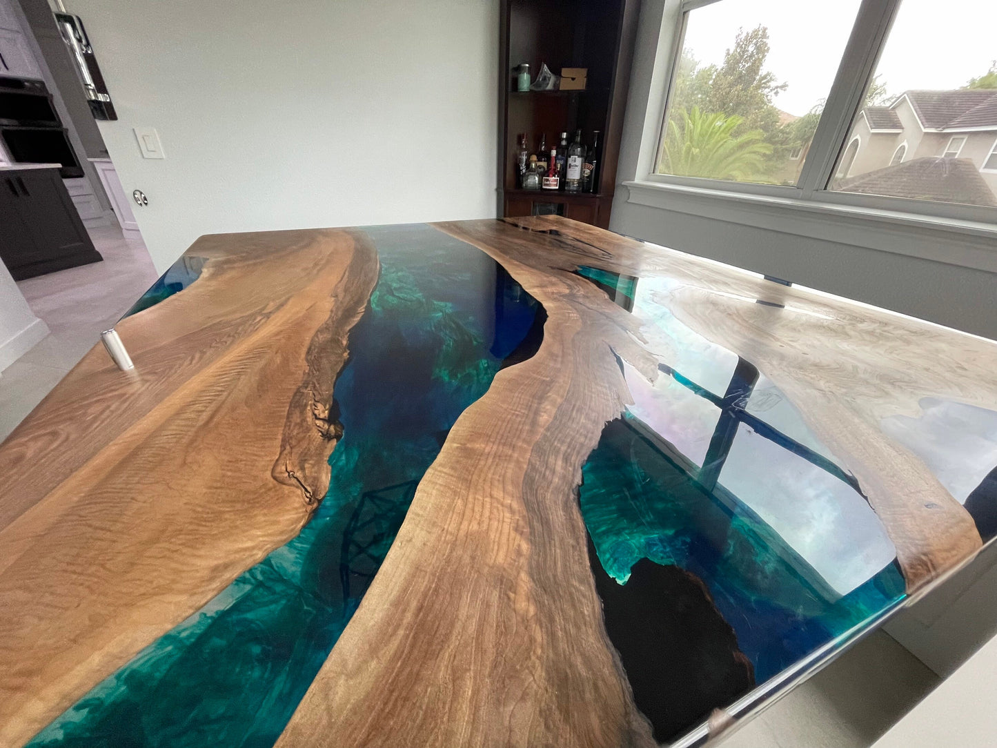 Walnut Dining Table, Custom 72” x 60” Walnut Blue, Turquoise, Green Epoxy Table, Epoxy Dining Table, Live Edge Table, for Christopher G