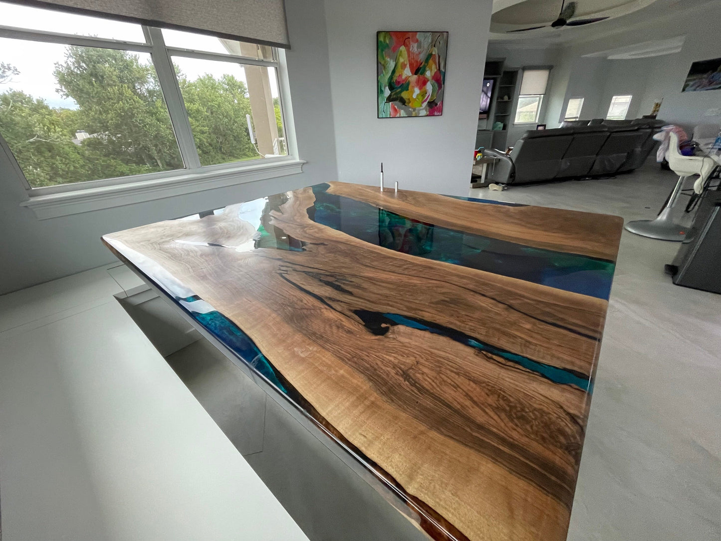 Walnut Dining Table, Custom 72” x 60” Walnut Blue, Turquoise, Green Epoxy Table, Epoxy Dining Table, Live Edge Table, for Christopher G