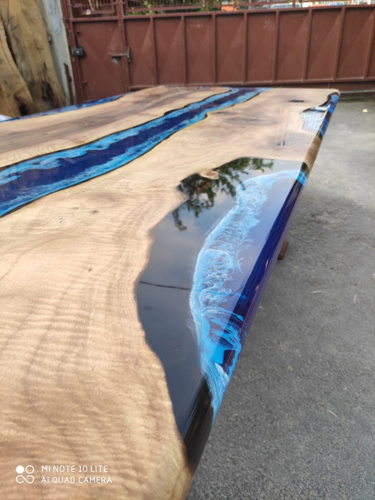 Walnut Dining Table, Live Edge Table, Custom 108” x 42” Walnut Ocean and Royal Blue, Turquoise White Waves Epoxy Table, Order for Mary M3