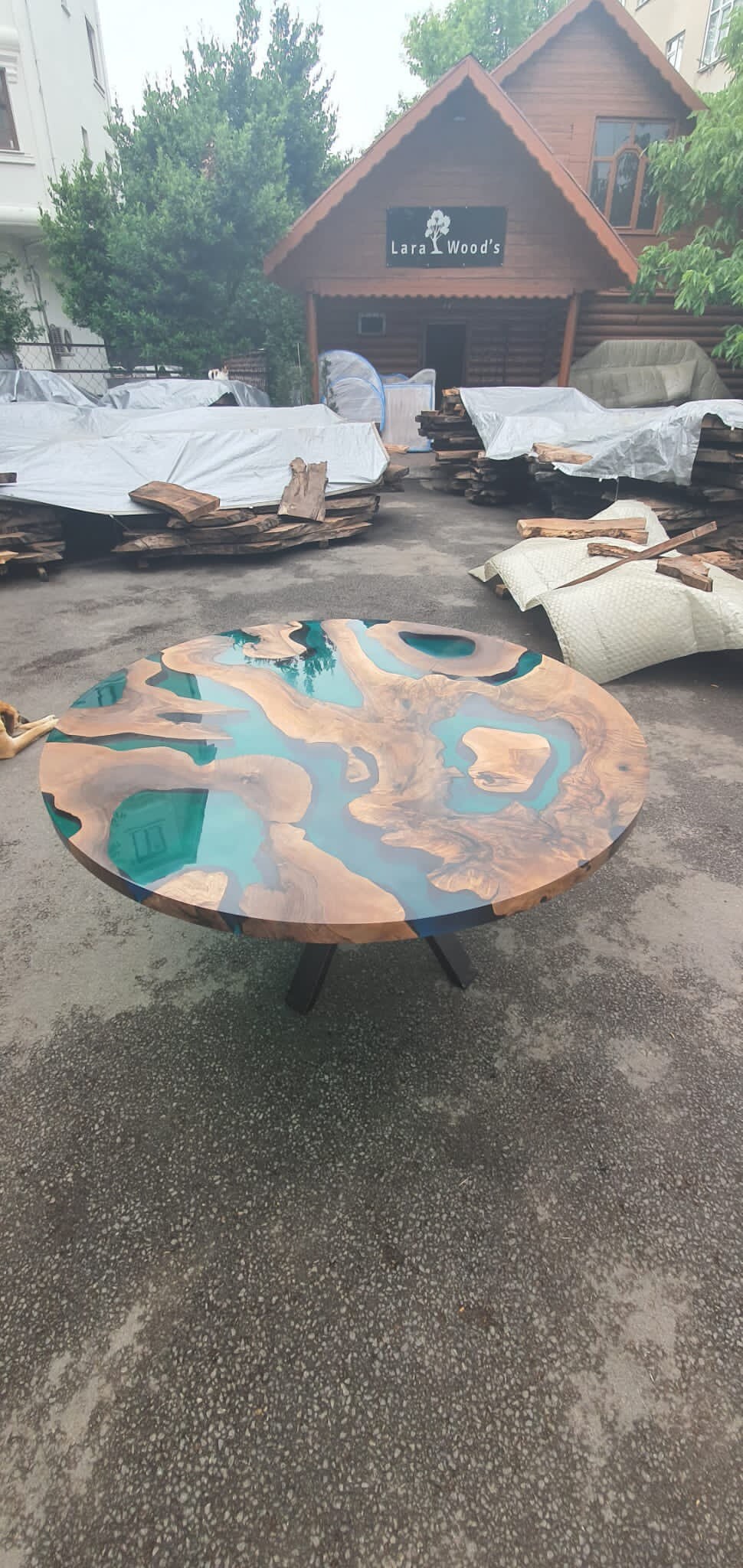 Handmade Round Table, Custom 60” Diameter Round Walnut Wood Table, Light Blue Table, Turquoise Epoxy Dining Table, Custom Order for Rebekah