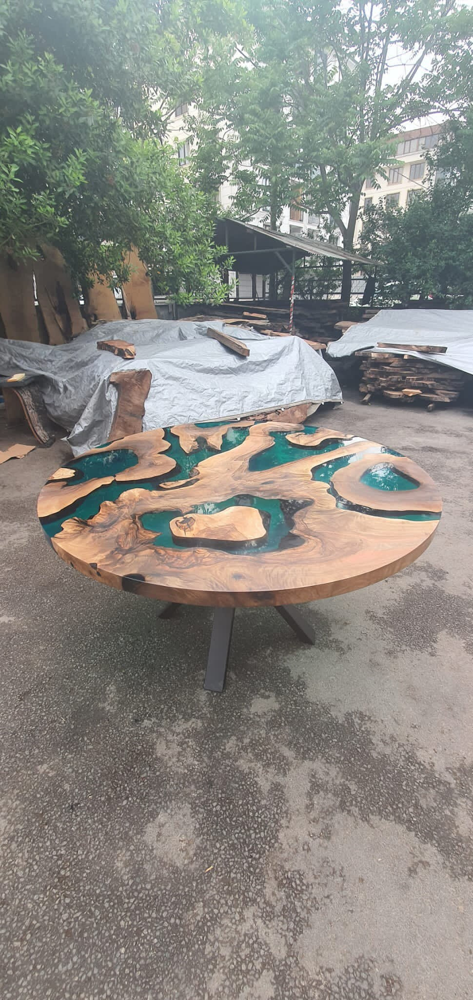 Handmade Round Table, Custom 60” Diameter Round Walnut Wood Table, Light Blue Table, Turquoise Epoxy Dining Table, Custom Order for Rebekah