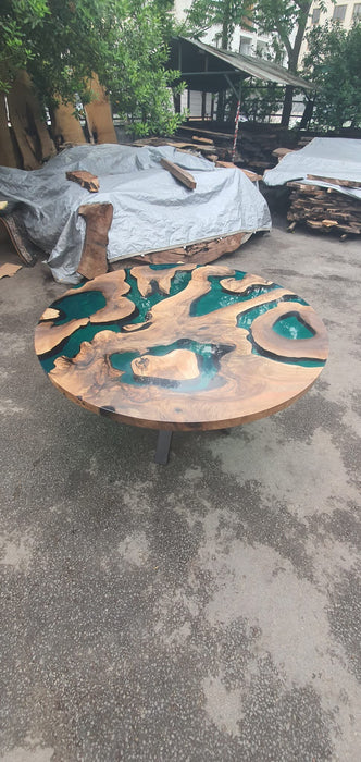 Handmade Round Table, Custom 60” Diameter Round Walnut Wood Table, Light Blue Table, Turquoise Epoxy Dining Table, Custom Order for Rebekah