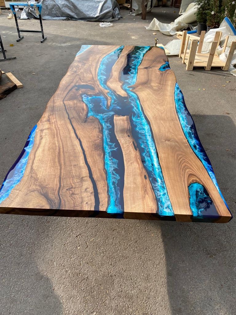 Walnut Dining Table, Live Edge Table, Custom 108” x 42” Walnut Ocean Blue, Turquoise White Waves Epoxy River Dining Table Order for Sinaan M