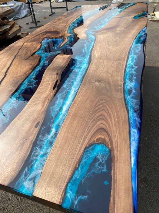 Walnut Dining Table, Live Edge Table, Custom 108” x 42” Walnut Ocean Blue, Turquoise White Waves Epoxy River Dining Table Order for Sinaan M