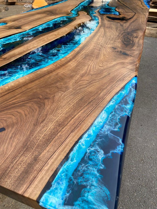 Walnut Dining Table, Live Edge Table, Custom 108” x 42” Walnut Ocean Blue, Turquoise White Waves Epoxy River Dining Table Order for Sinaan M