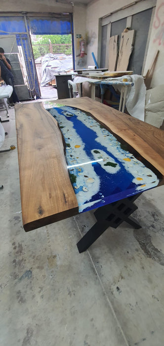 Ocean Table, Custom Epoxy Resin Dining Table, Custom 72” x 40” Walnut Wood Ocean Aquarium Theme Table, Epoxy River Table Order for Daniel M