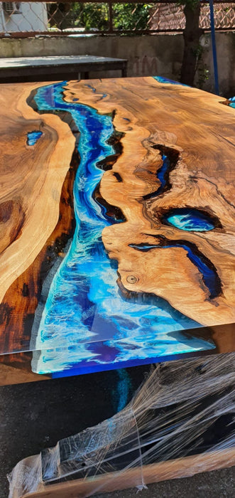 Walnut Dining Table, Custom 113” x 40” Walnut Ocean Blue, Turquoise White Waves Epoxy Table, River Dining Table, Custom Order for Enzo