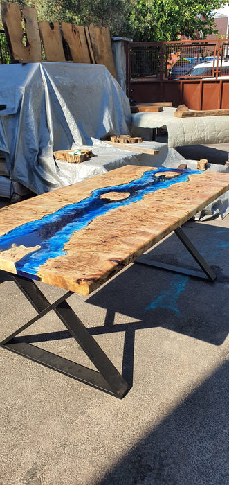 Epoxy Dining Table, Live Edge Table, Custom 72” x 36” Poplar Wood Blue, Turquoise and White Waves Epoxy River Dining Table, Order for Luda