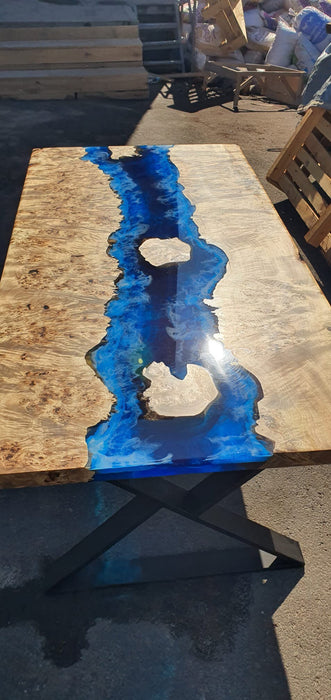 Epoxy Dining Table, Live Edge Table, Custom 72” x 36” Poplar Wood Blue, Turquoise and White Waves Epoxy River Dining Table, Order for Luda