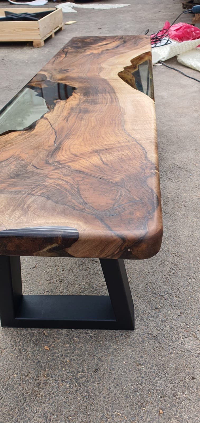 Live Edge Table, River Table, Epoxy Resin Table, Custom 62” x 17” Walnut Smokey Gray Table, Epoxy Dining Bench, Custom Order for Debra