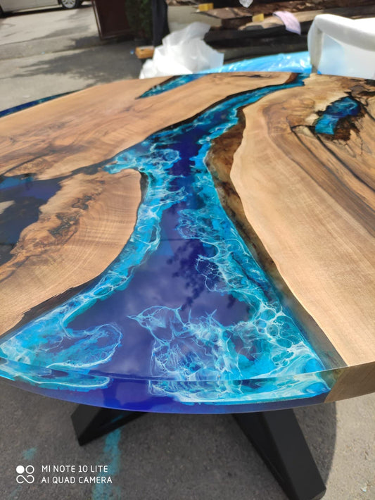 Round Dining Table, Walnut Dining Table, Custom 48” Diameter Round Walnut Table, Wood Blue Epoxy Dining Table, Order for Lindsey Cha