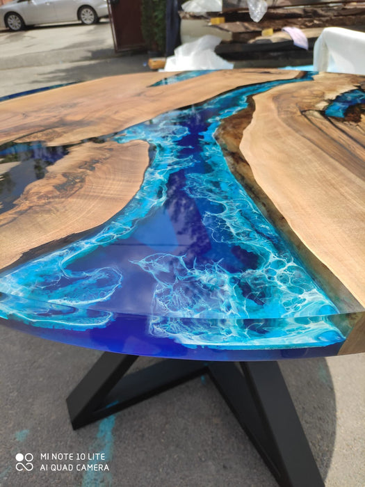 Round Dining Table, Walnut Dining Table, Custom 48” Diameter Round Walnut Table, Wood Blue Epoxy Dining Table, Order for Lindsey Cha