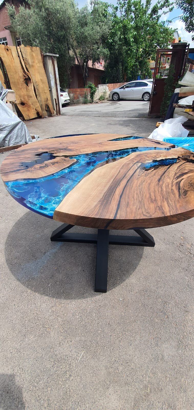 Round Dining Table, Walnut Dining Table, Custom 48” Diameter Round Walnut Table, Wood Blue Epoxy Dining Table, Order for Lindsey Cha