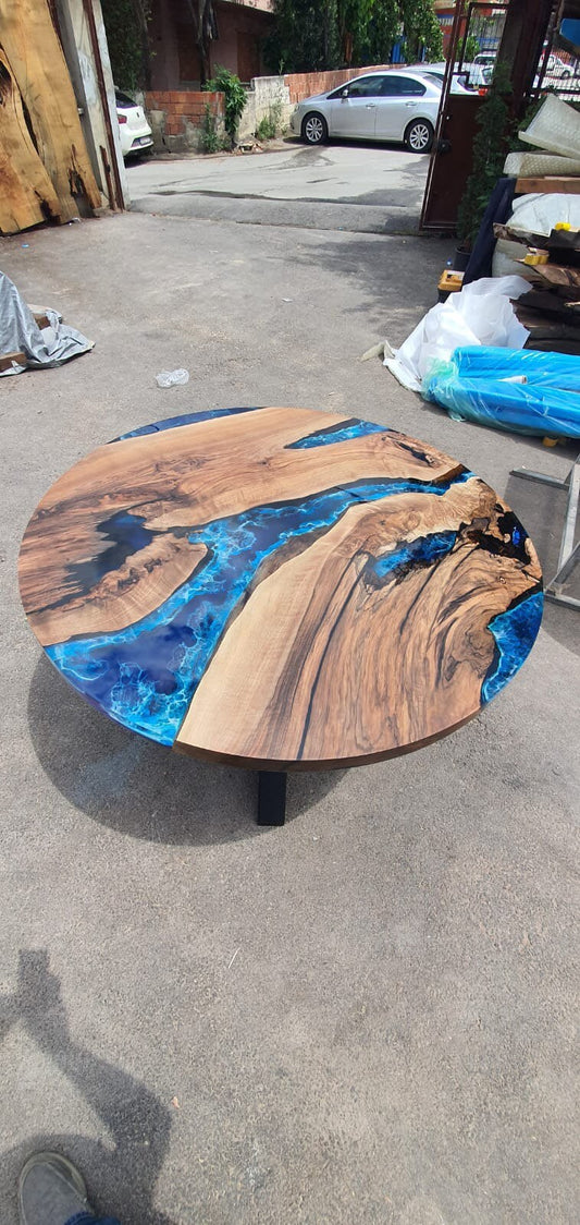 Round Dining Table, Custom 48” Diameter Round Walnut Wood Blue, Turquoise, White Waves Table,  Epoxy Dining Table, Order for Lindsey Cha