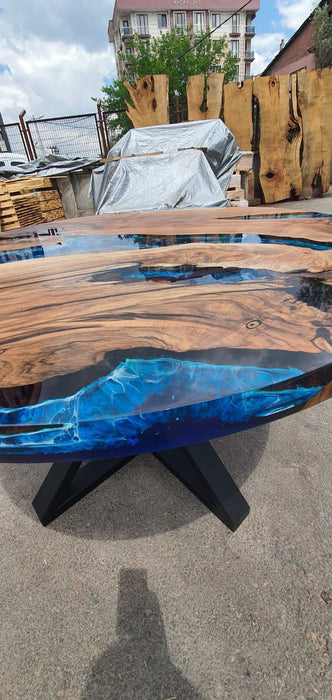 Walnut Dining Table, Custom 48” Diameter Round Walnut Wood Blue, Turquoise, White Waves Table, Epoxy Dining Table, Order for Lindsey Chaa