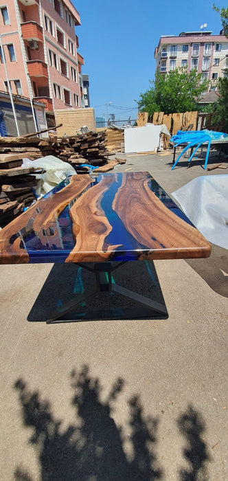 Handmade Epoxy Table, Custom 80” x 42” Walnut Blue, Turquoise, Green Epoxy Table, Live Edge Table, Epoxy River Dining Table, for Ted P