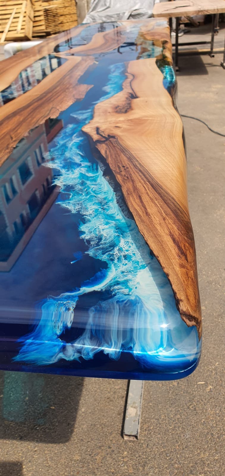 Epoxy Resin Table, Custom 123” x 25.5” Walnut Ocean Blue, Turquoise White Waves Table, Epoxy River Table, Custom Order for Cody