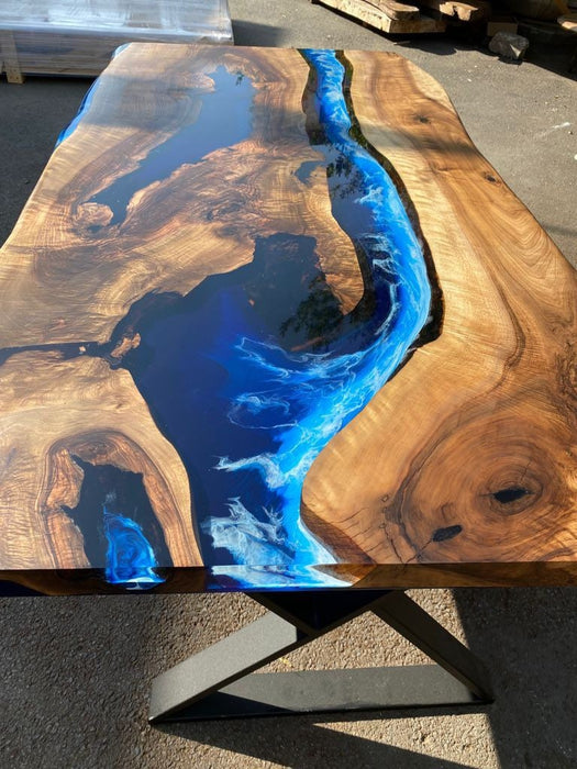 Epoxy Table, Epoxy Dining Table, Ocean Table, Custom 84” x 42” Walnut Ocean Blue, Turquoise White Waves Epoxy River Table, Order for Dina G