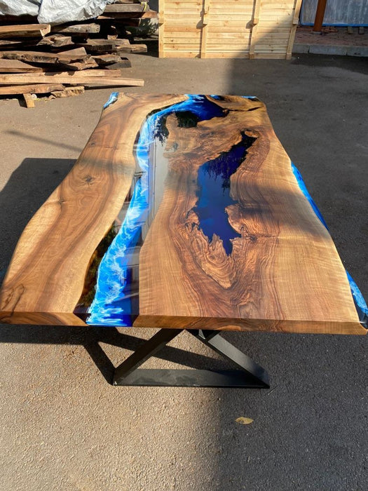 Epoxy Table, Epoxy Dining Table, Ocean Table, Custom 84” x 42” Walnut Ocean Blue, Turquoise White Waves Epoxy River Table, Order for Dina G