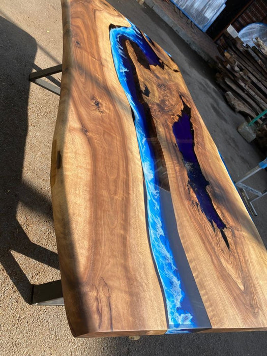 Epoxy Table, Epoxy Dining Table, Ocean Table, Custom 84” x 42” Walnut Ocean Blue, Turquoise White Waves Epoxy River Table, Order for Dina G