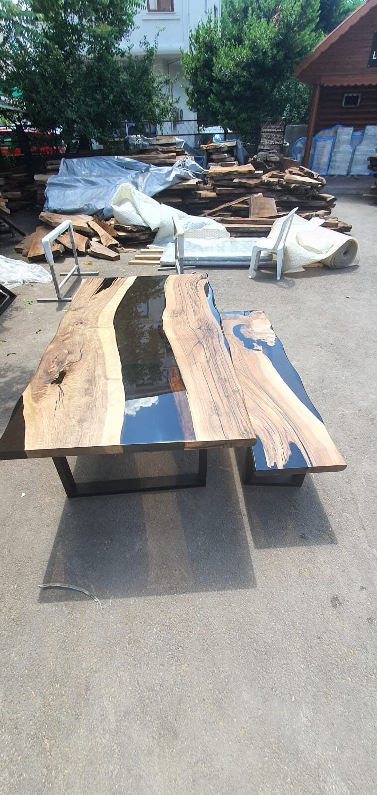 Custom 72” x 40" Walnut Black Epoxy River Table and Bench Order for Lisa T