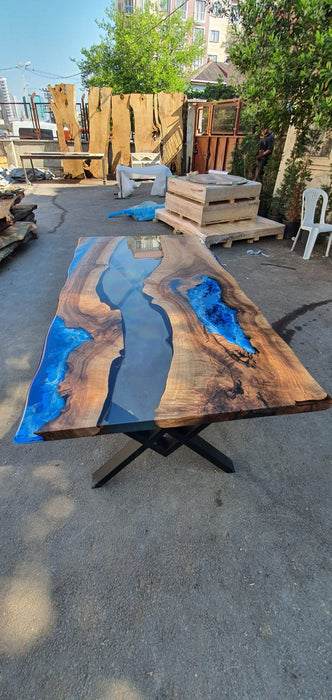 Walnut Dining Table, Custom 80” x 42” Walnut Clear, Blue and White Ocean Waves Epoxy Table, River Dining Table, River Table for Chris A