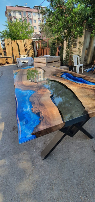 Walnut Dining Table, Custom 80” x 42” Walnut Clear, Blue and White Ocean Waves Epoxy Table, River Dining Table, River Table for Chris A