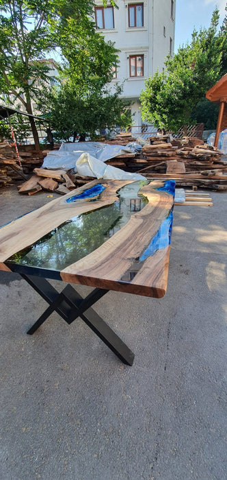 Walnut Dining Table, Custom 80” x 42” Walnut Clear, Blue and White Ocean Waves Epoxy Table, River Dining Table, River Table for Chris A