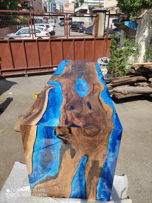 Custom 115” x 36” x 42” Walnut Ocean Blue, Turquoise White Waves Epoxy Table, Epoxy River Dining Waterfall Shape Table Order for Douglas