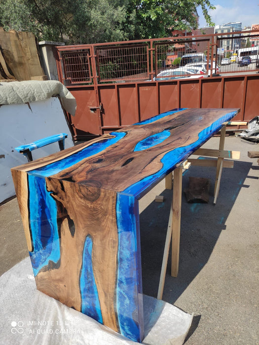 Custom 115” x 36” x 42” Walnut Ocean Blue, Turquoise White Waves Epoxy Table, Epoxy River Dining Waterfall Shape Table Order for Douglas