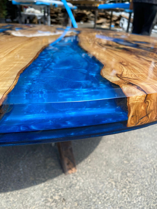 Round Dining Table, Custom 44” Diameter Round Olive Wood Shiny Table, Ocean Blue with Waves Table, Epoxy Dining Table, Order for Jonathan