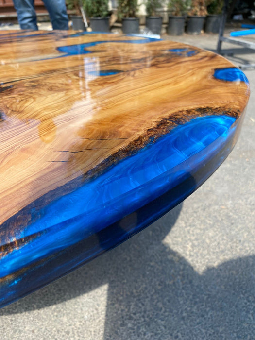 Round Dining Table, Custom 44” Diameter Round Olive Wood Shiny Table, Ocean Blue with Waves Table, Epoxy Dining Table, Order for Jonathan