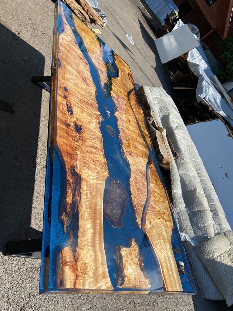 Poplar Epoxy Table, Poplar Table, Handmade Epoxy Table, Custom 96” x 40” Poplar Wood Shiny Deep Blue Epoxy, Aquarium Table Order for Allen