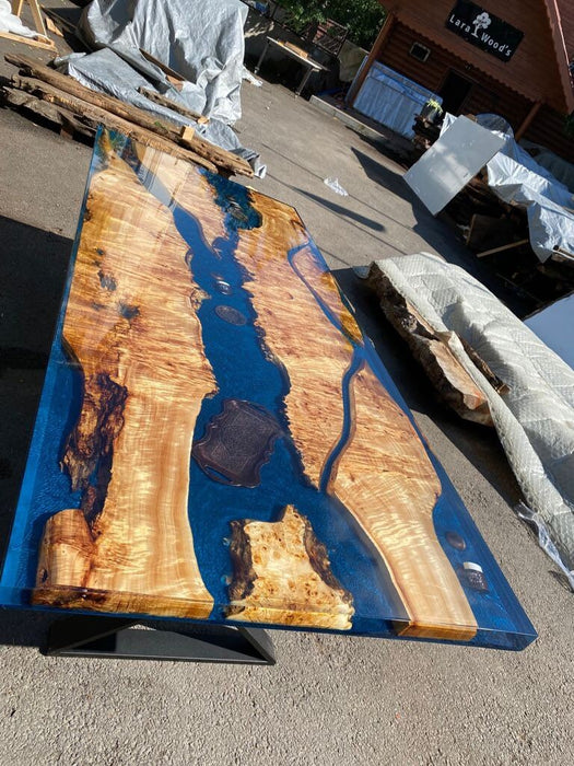 Poplar Epoxy Table, Poplar Table, Handmade Epoxy Table, Custom 96” x 40” Poplar Wood Shiny Deep Blue Epoxy, Aquarium Table Order for Allen