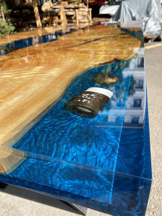 Poplar Epoxy Table, Handmade Epoxy Table, Custom 96” x 40” Poplar Wood Shiny Deep Blue Epoxy, Aquarium River Table Order for Allen