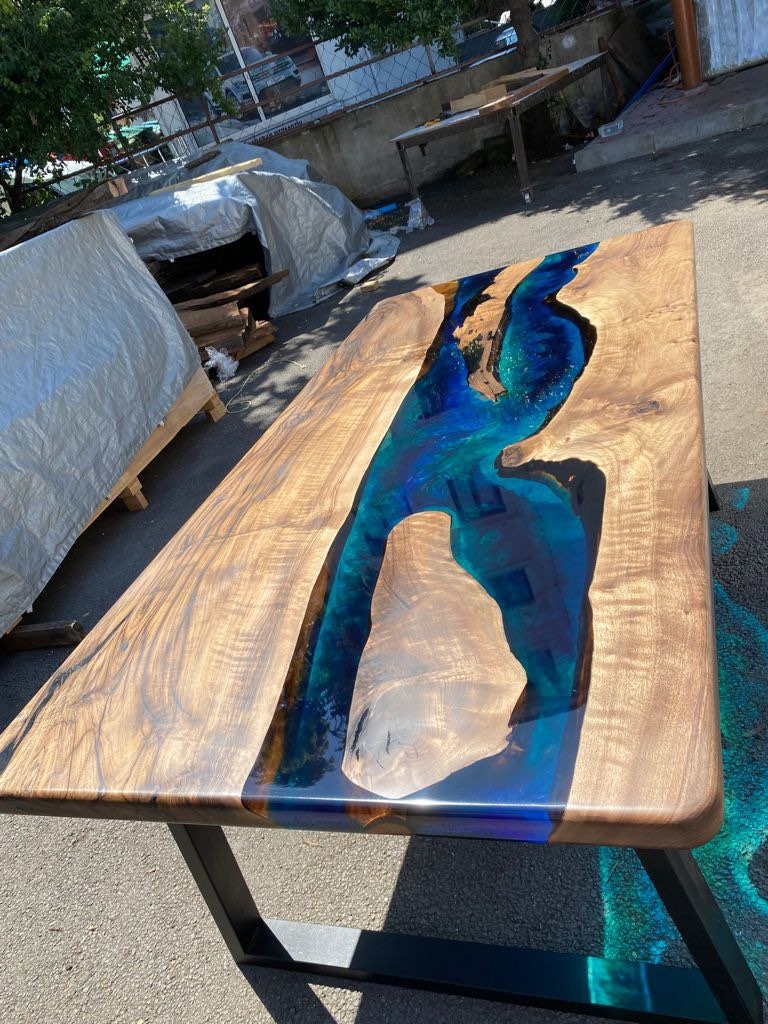 Handmade Epoxy Table, Custom 84” x 42” Walnut Blue, Turquoise, Green Table, Epoxy Dining Table, Epoxy Resin Table, Custom for Sarvani