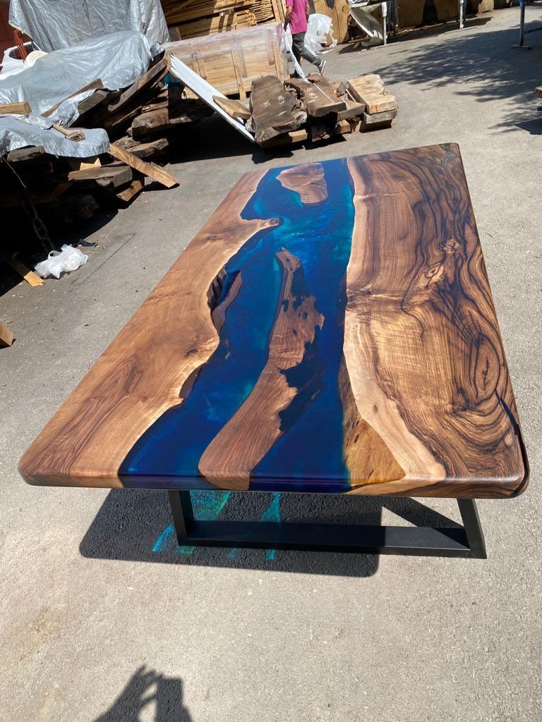 Handmade Epoxy Table, Custom 84” x 42” Walnut Blue, Turquoise, Green Table, Epoxy Dining Table, Epoxy Resin Table, Custom for Sarvani