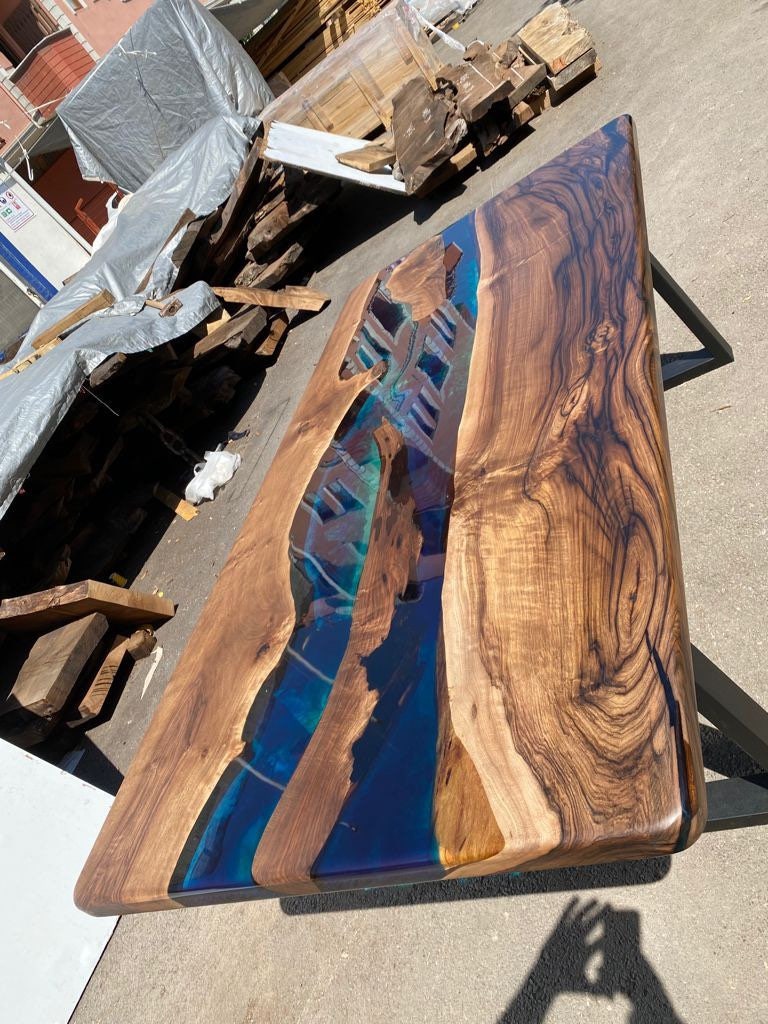 Handmade Epoxy Table, Custom 84” x 42” Walnut Blue, Turquoise, Green Table, Epoxy Dining Table, Epoxy Resin Table, Custom for Sarvani