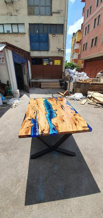 Olive Wood Epoxy Table, Custom 64” x 40” Olive Wood Deep Blue and Turquoise Table, Epoxy Resin Table, Live Edge Table, Custom for Svetlana