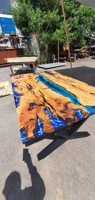 Olive Wood Epoxy Table, Custom 64” x 40” Olive Wood Deep Blue and Turquoise Table, Epoxy Resin Table, Live Edge Table, Custom for Svetlana