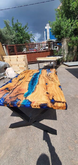 Olive Wood Epoxy Table, Custom 64” x 40” Olive Wood Deep Blue and Turquoise Table, Epoxy Resin Table, Live Edge Table, Custom for Svetlana