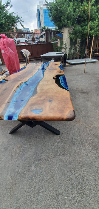 Handmade Epoxy Table, Live Edge Table, Custom 108” x 42” Walnut Ocean and Royal Blue, Turquoise White Waves Epoxy Table, Order for Mary M1