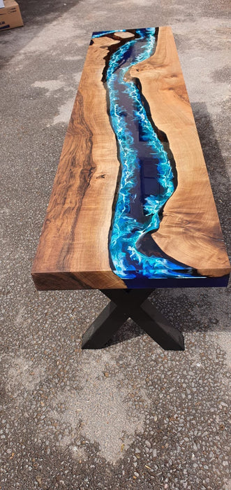 Live Edge Table, Custom 60” x 14” Walnut Ocean Blue, Turquoise Table, White Waves Epoxy Console Table, River Table, Custom Order for Kristen