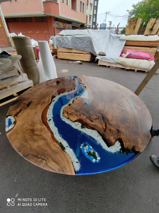 Round Dining Table, Custom 90” Diameter Round Table, Walnut Wood Ocean Aquarium Theme Table, Epoxy River Table, Custom Order for Kimberly S