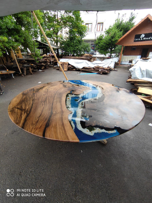 Round Dining Table, Custom 90” Diameter Round Table, Walnut Wood Ocean Aquarium Theme Table, Epoxy River Table, Custom Order for Kimberly S