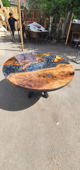 Epoxy Coffee Table, Custom Coffee Table, Custom 50” Diameter Round Table, Walnut Wood Shiny Metallic Gray Epoxy Table, Order for Karen M