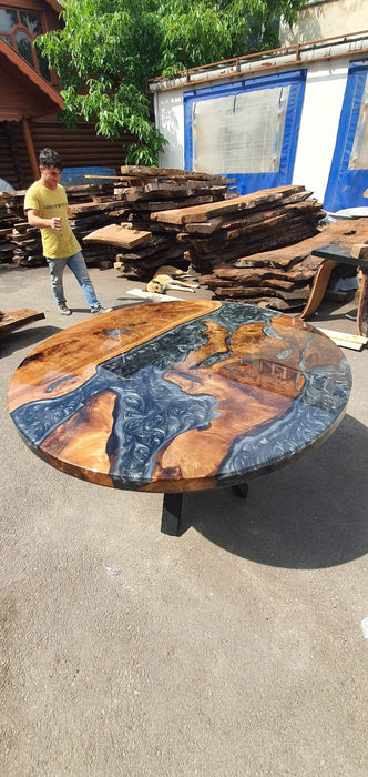 Epoxy Coffee Table, Custom Coffee Table, Custom 50” Diameter Round Table, Walnut Wood Shiny Metallic Gray Epoxy Table, Order for Karen M