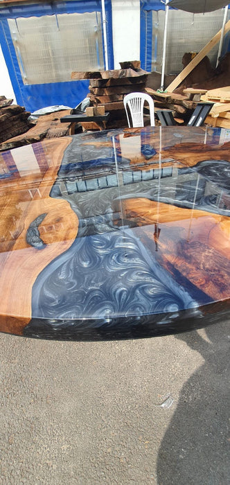 Epoxy Coffee Table, Custom Coffee Table, Custom 50” Diameter Round Table, Walnut Wood Shiny Metallic Gray Epoxy Table, Order for Karen M