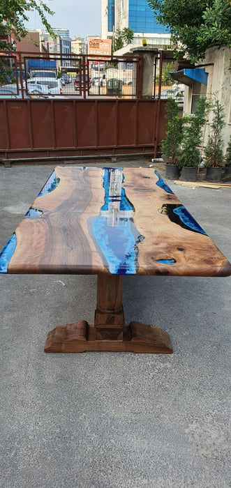 Handmade Epoxy Table, Custom 108” x 42” Walnut Ocean and Royal Blue, Turquoise White Waves Table, Epoxy River Table, Order for Mary M Legs